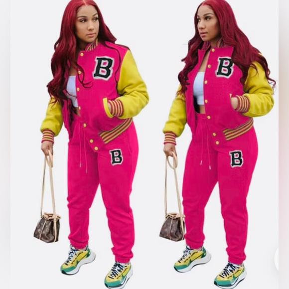 2 Pc: Pink & Yellow Varsity Jacket & Jogger Pants w/Letter “B” Embroidery, NIP - Picture 2 of 8